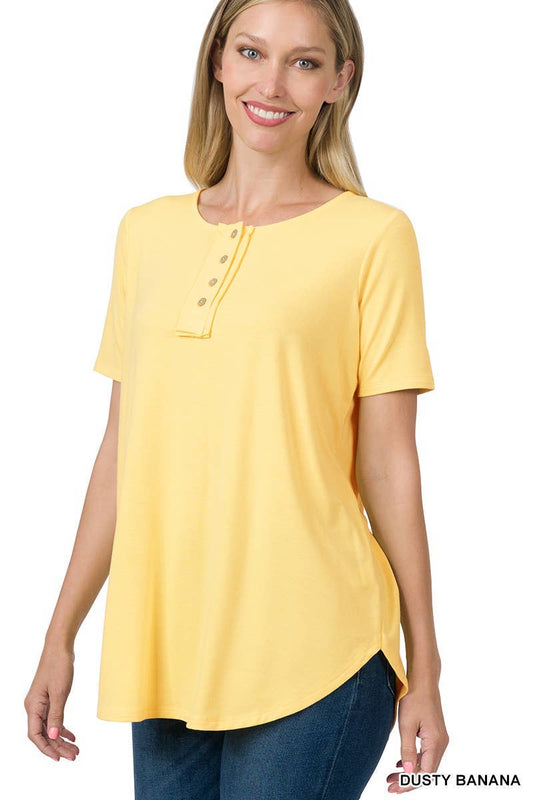 Short Sleeve Button Down Top: DUSTY BANANA