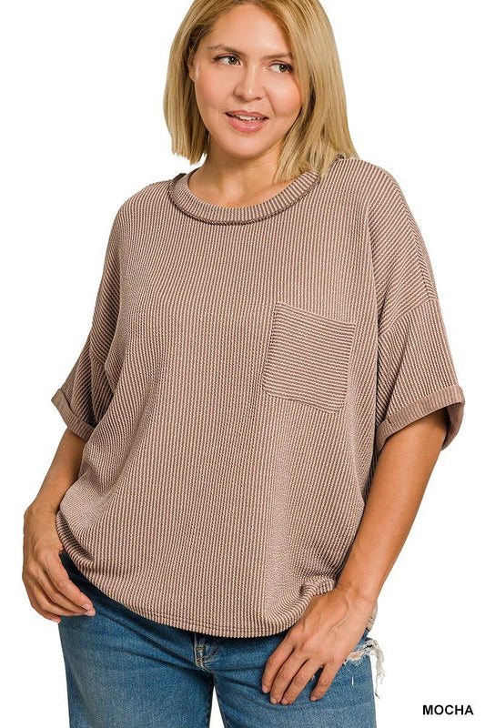 Plus Raised Rib Short Sleeve Front Pocket Top: MOCHA