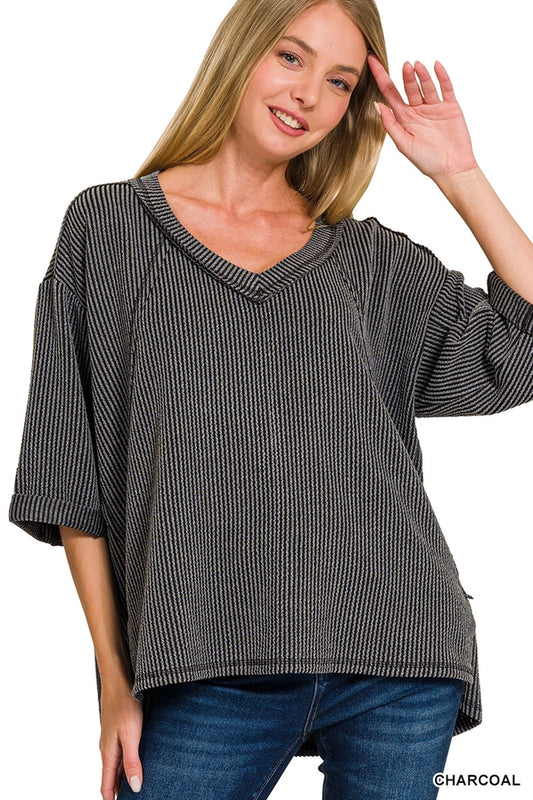 Ribbed Knit Hi-Lo V Neck Top