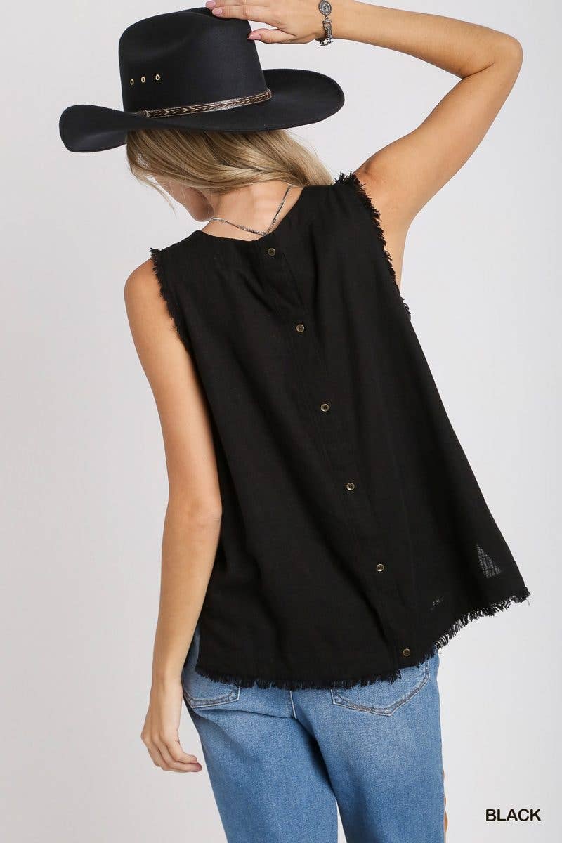 Linen Frayed Edge Sleeveless Top: BLACK
