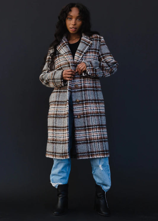 Grey Brown Plaid long Jacket