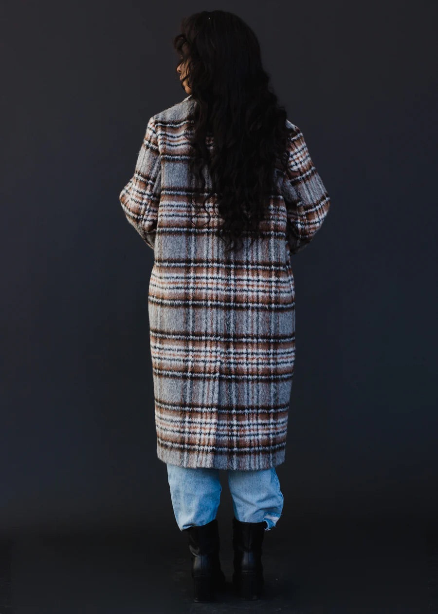 Grey Brown Plaid long Jacket