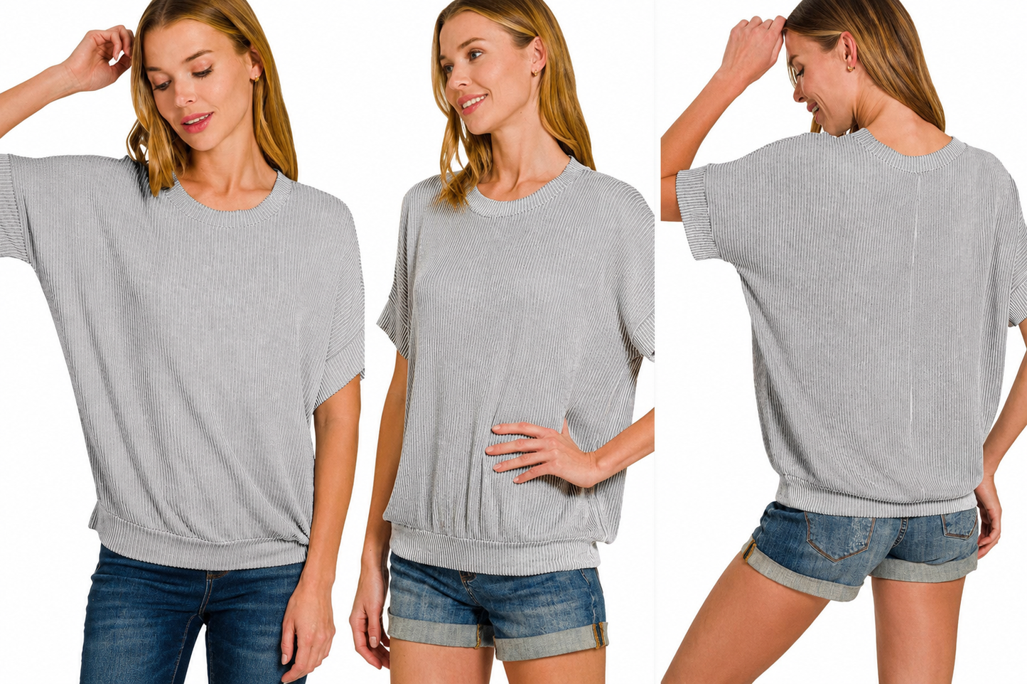 Corded Rib Short Sleeve Top: LT GREY