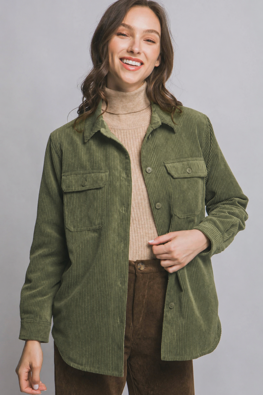 Corduroy Reversible Button Down Jacket: OLIVE