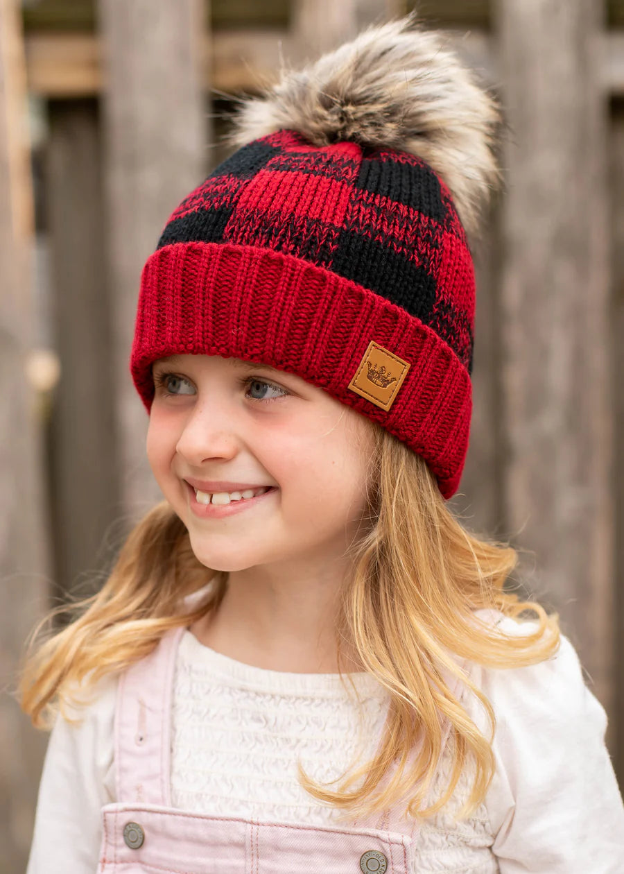 Kids Red & Black Knit Pom Hat