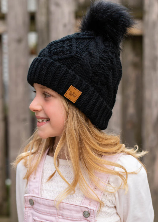 Kids Black Fleece Lined Pom Hat