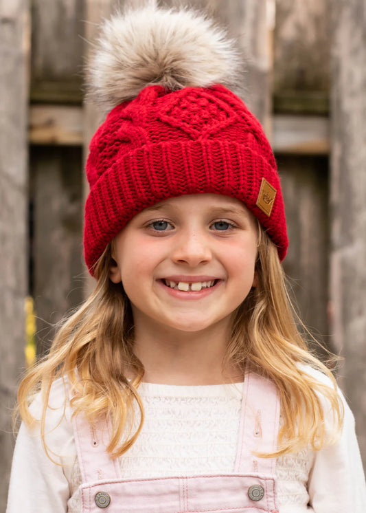 Kids Red Fleece Lined Knit Pom Hat