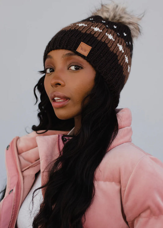 Dark Brown Patterned Knit Pom Hat