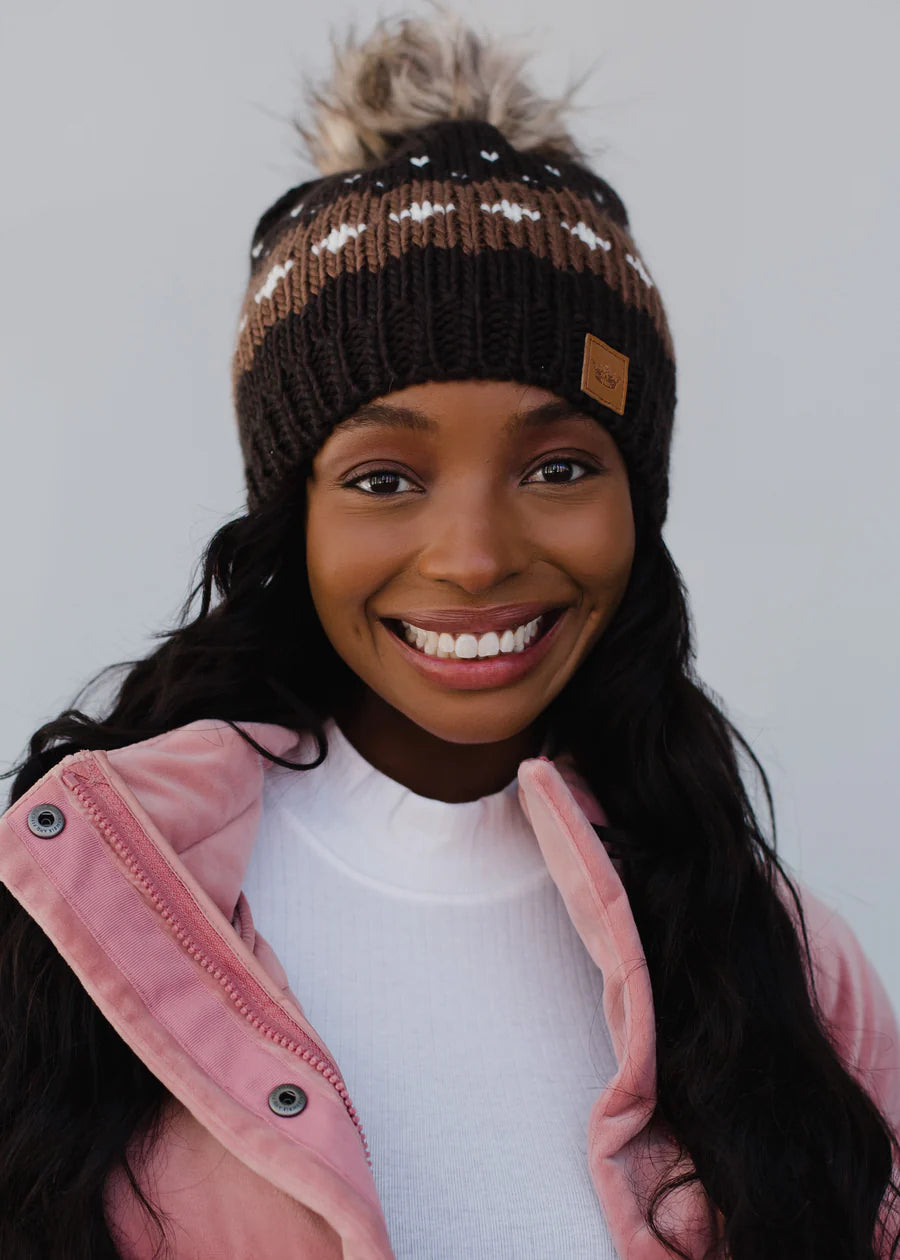 Dark Brown Patterned Knit Pom Hat