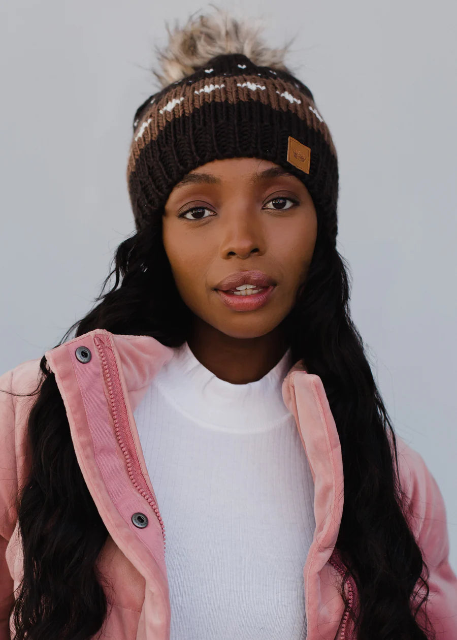 Dark Brown Patterned Knit Pom Hat