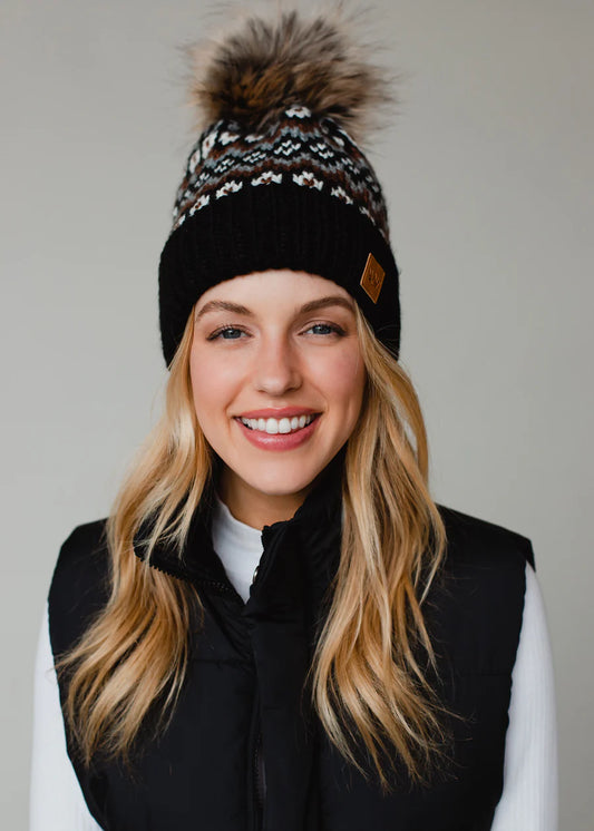 Black White Brown Gray Patterned Pom Hat
