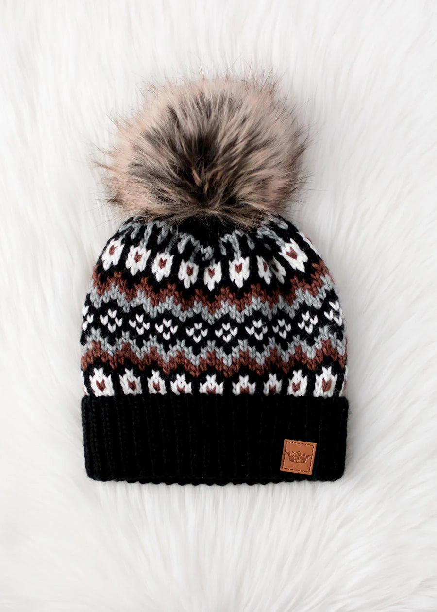 Black White Brown Gray Patterned Pom Hat