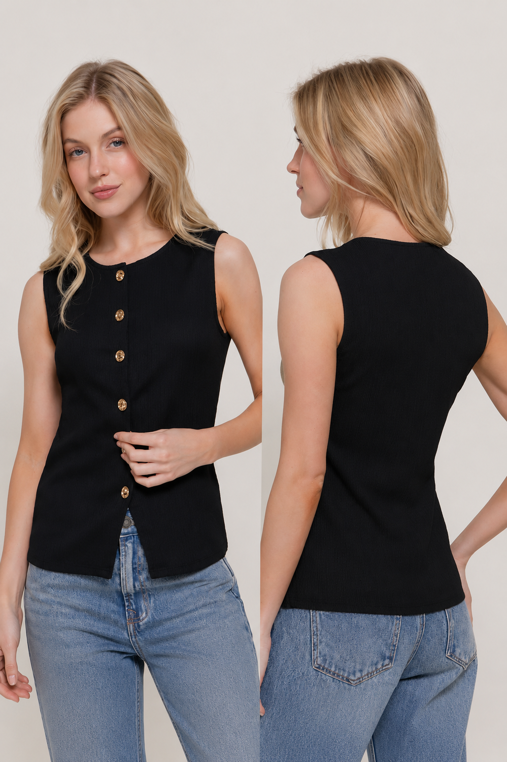 Sleeveless Texture Knit Vest: BLACK