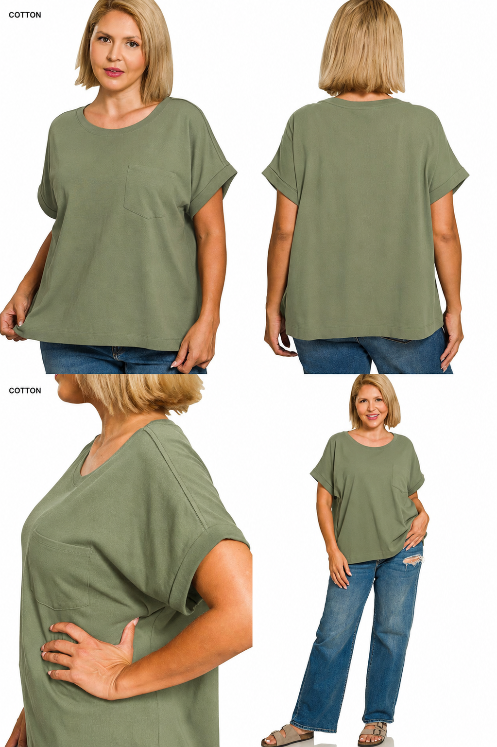 Plus Cuffed Front Pocket Short Sleeve Tee: LT OLIVE