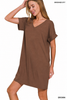 Brushed Dty Rolled Short Sleeve V-neck Dress: BROWN