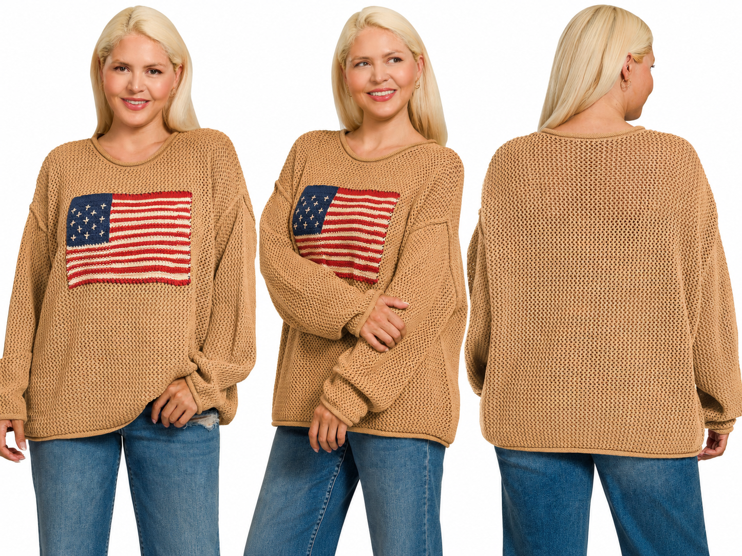 Plus American Flag Crew Neck Sweater: DEEP CAMEL