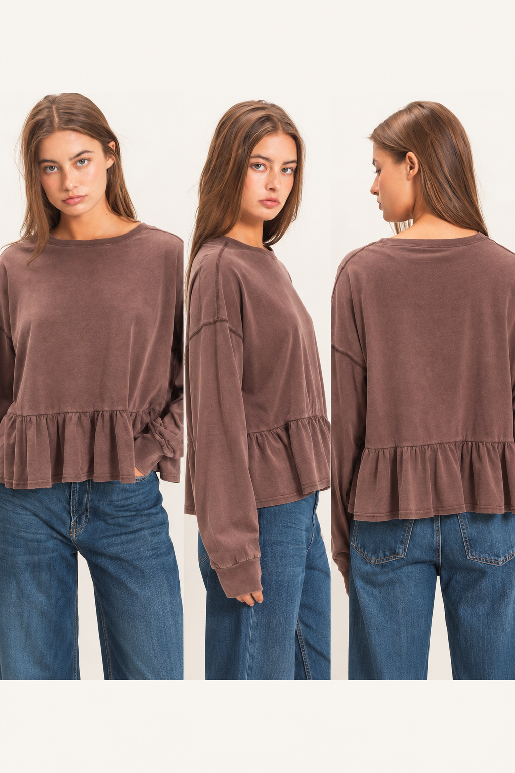 Peplum Long Sleeve Top: DARK BROWN