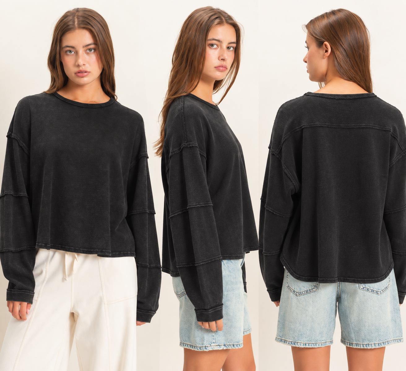 Mineral Wash Overzised Raw Edge Crew Neck Top: BLACK