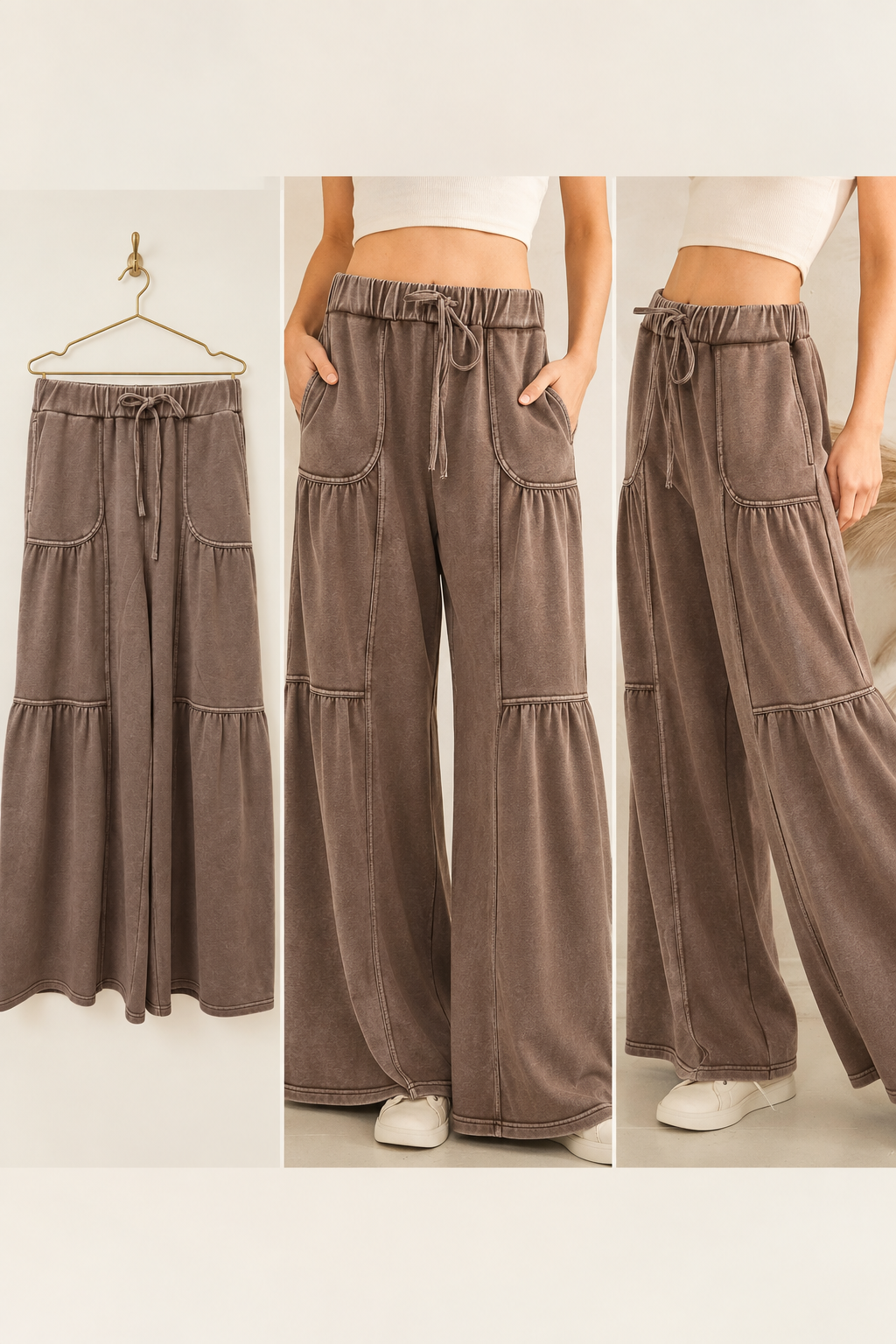 Washed Tiered Wide-leg Drawstring Pants: CHARCOAL