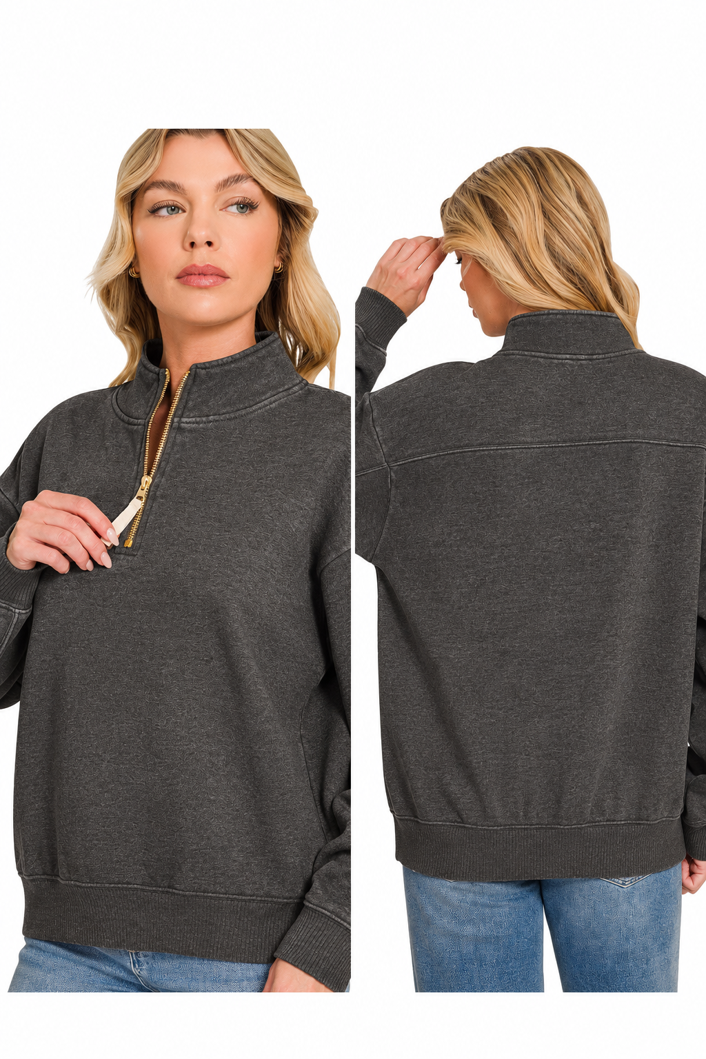 Acid Wash Fleece Half Zip Sweatshirts: BLACK