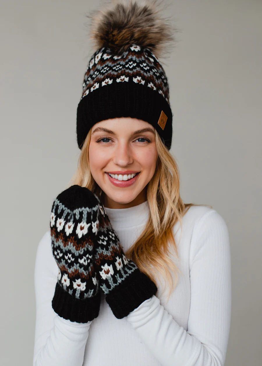 Black White Brown Gray Patterned Pom Hat