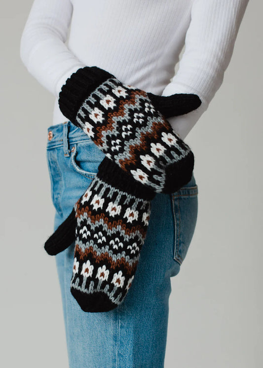 Black White Brown Grey Patterned Fleece Lined Mittens