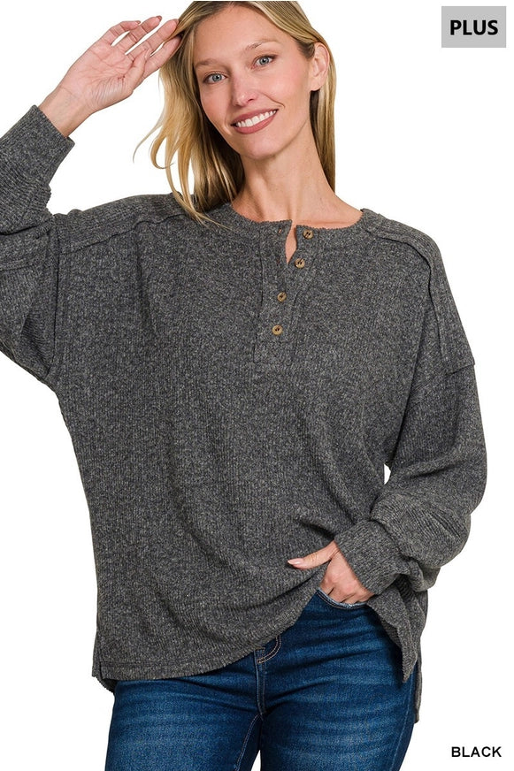 Plus Ribbed Brushed Hacci Melange Henley Sweater