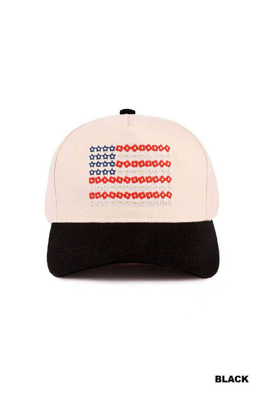 Star Floral American Flag Two Tone Cotton Hat: BLACK