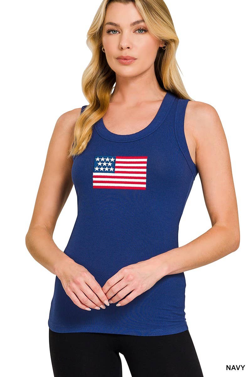 Ribbed American Flag Scoop Neck Tank Top: NAVY