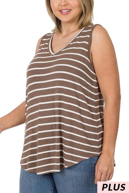 Plus Stripe Sleeveless V Neck Top Mocha
