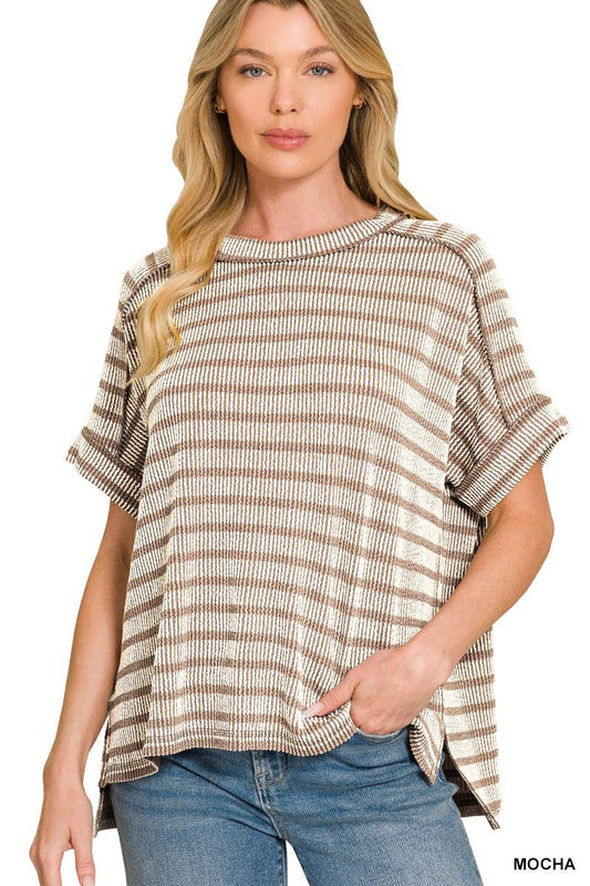 Raised Rib Striped Exposed Seam Top: MOCHA
