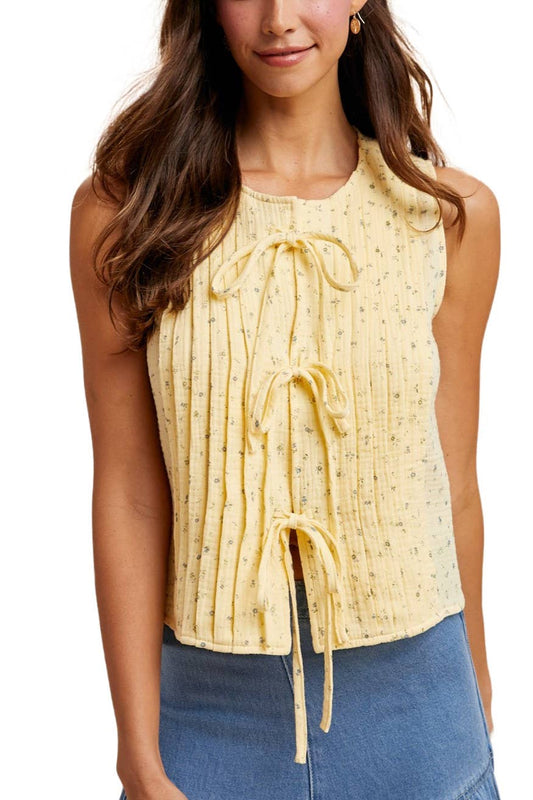 Ditsy Floral Cotton Blouse With Front Tie: LEMON