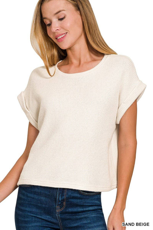 Short Sleeve Crew Neck Sweater Top: SAND BEIGE