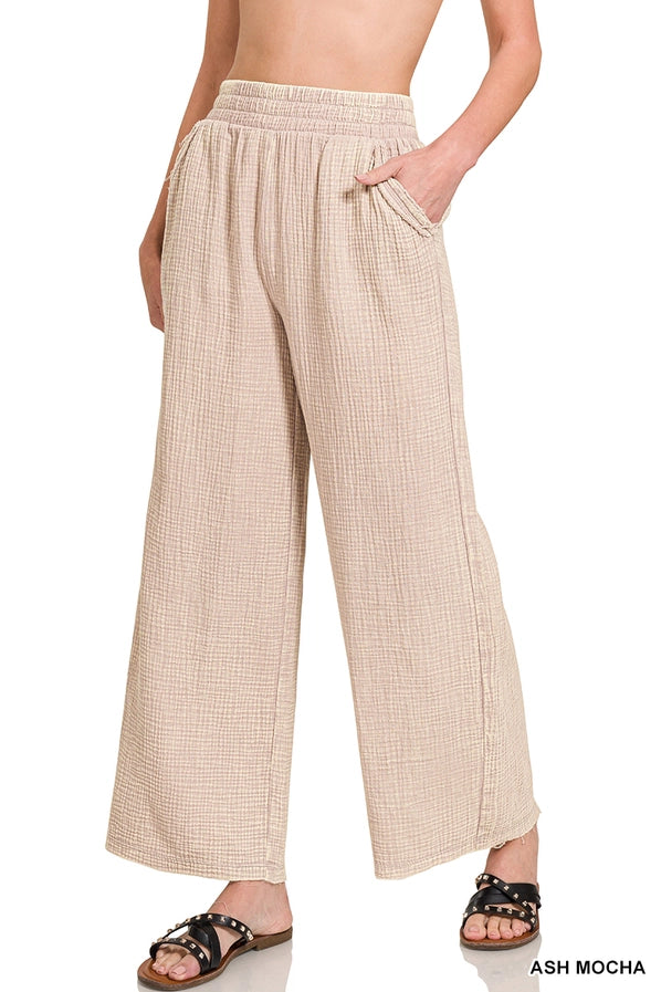 Washed Double Gauze Elastic Band Waist Pants