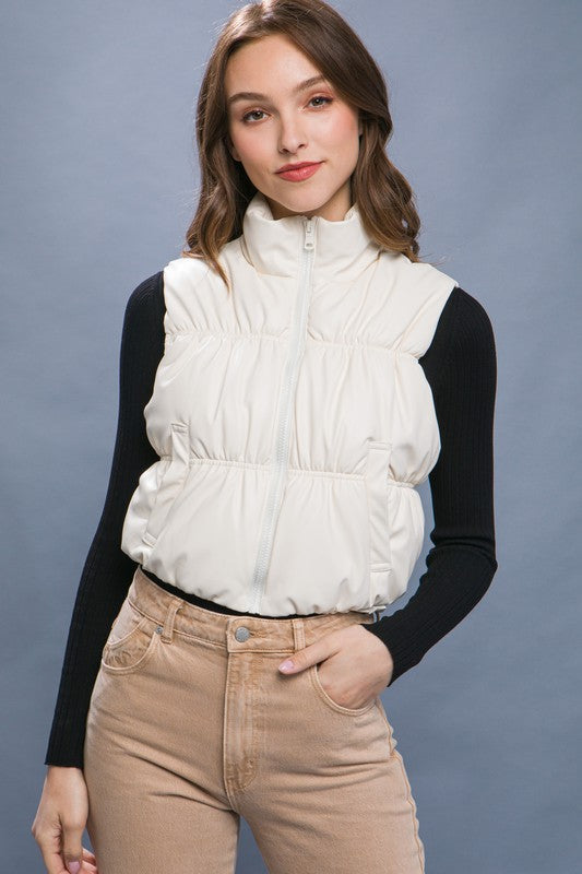 Camel Faux Leather Puffer Vest