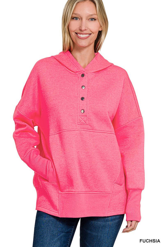 Fleece Half Snap Button Hooded Sweatshirts: FUCHSIA