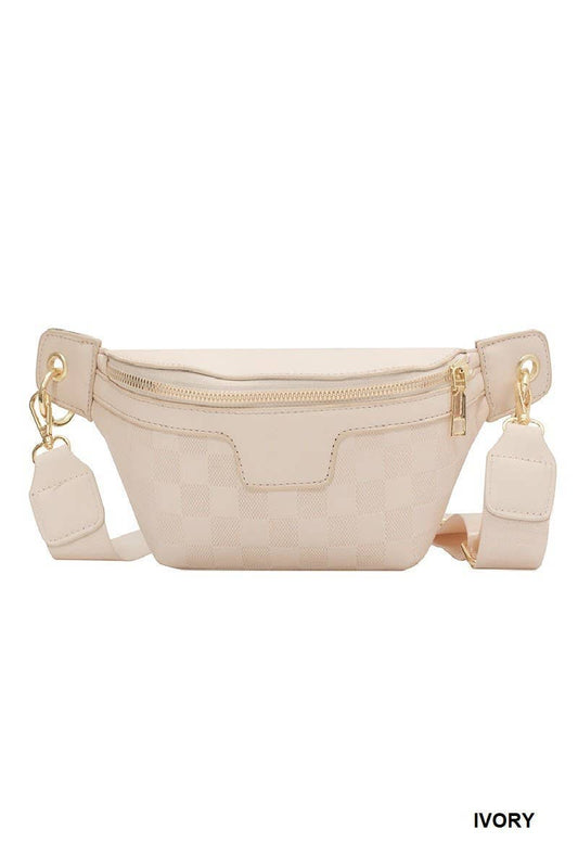 Vegan Leather Checkered Monogram Crossbody Bum Bag: IVORY