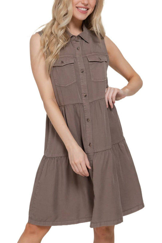 Sleeveless Button Down Lyocell Dress: MOCHA