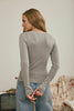 BUTTON FRONT ROUND NECK LONG SLEEVE KNIT TOP : GREY