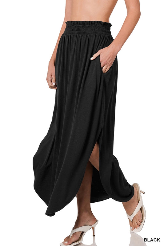 Smocked Waist Side Slit Maxi Skirt With Pockets Black