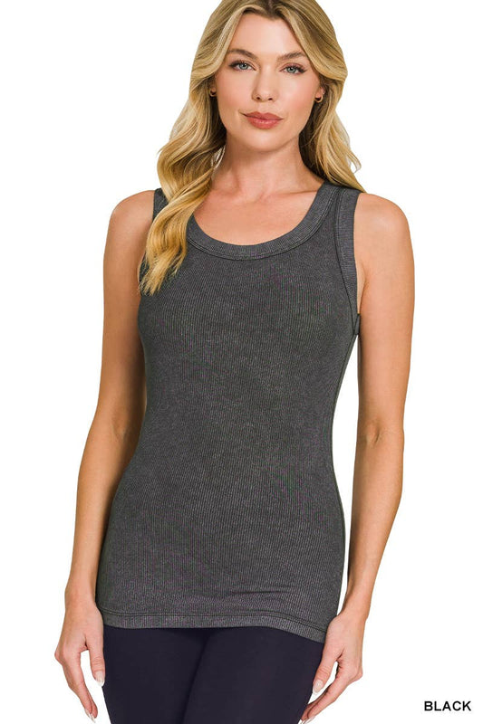 Washed Ribbed Scoop Neck Tank Top: BLACK