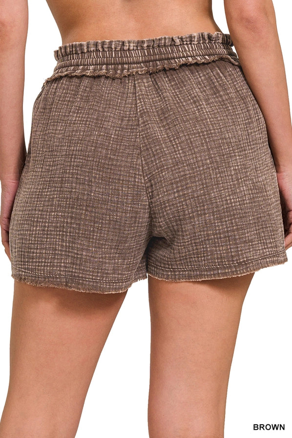 Washed Double Gauze Frayed Hem Drawstring Shorts Brown