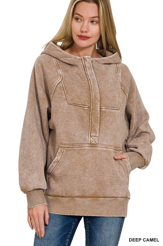 Acid Wash Fleece Oversized 1/4 Zip Kangaroo Hoodie: DEEP CAMEL