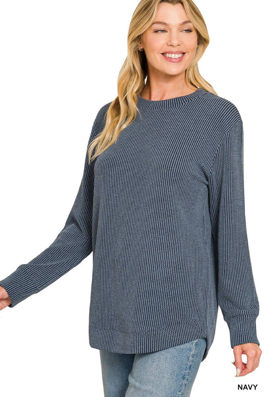 Raised Rib Round Neck Long Sleeve Top: NAVY