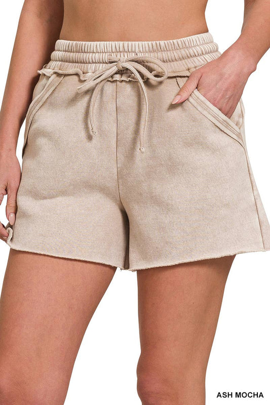 Acid Wash Fleece Drawstring Shorts With Pockets: ASH MOCHA