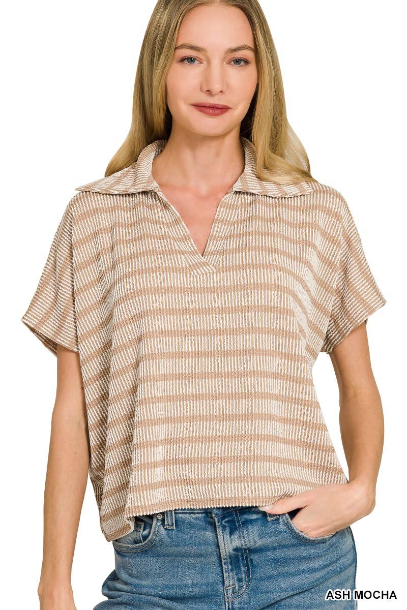 Raised Rib Striped Collared Top: ASH MOCHA
