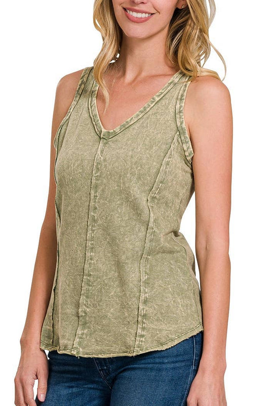 Crinkle Washed F/terry Raw Edge Top: LT OLIVE