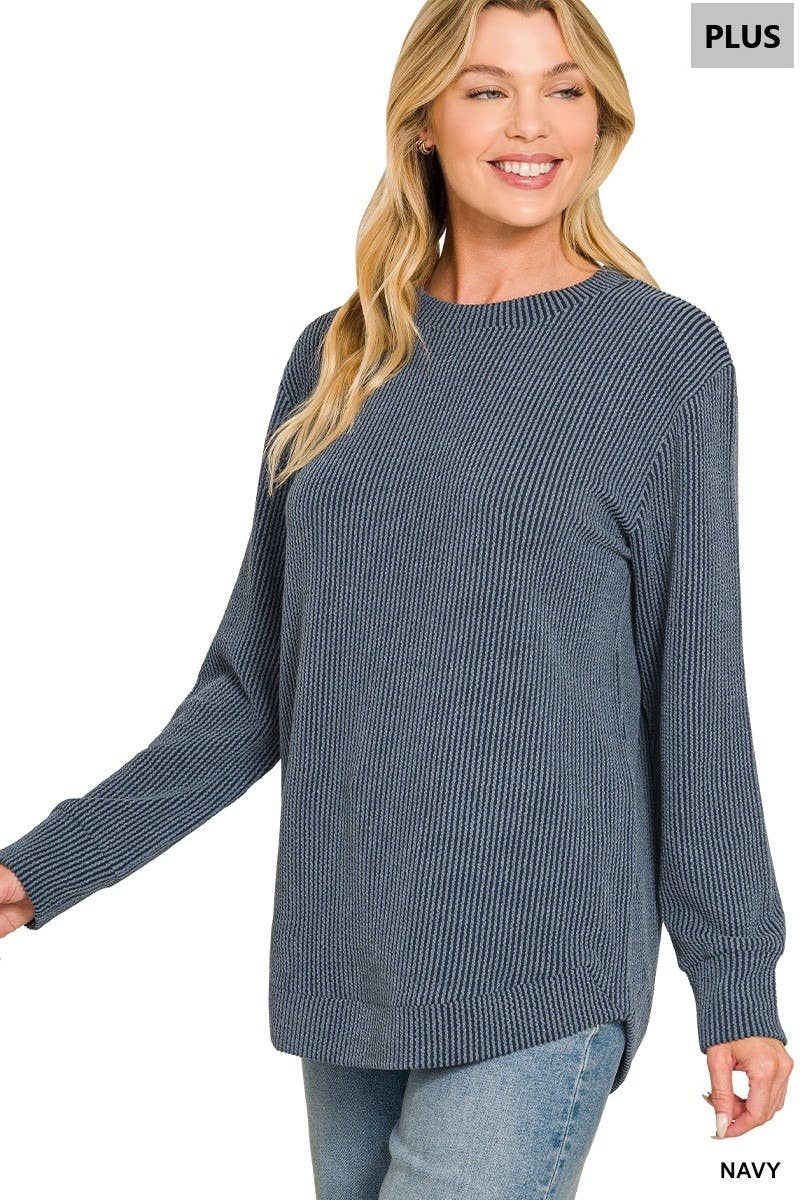 Plus Raised Rib Round Neck Long Sleeve Top: NAVY