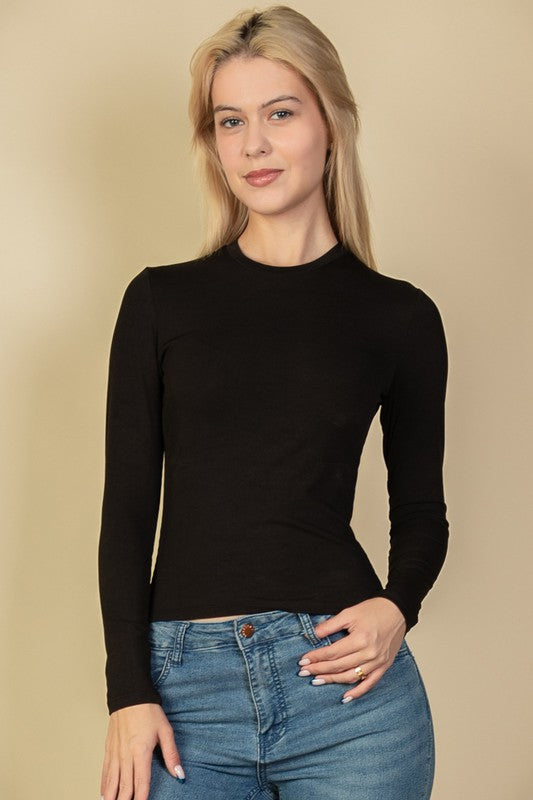 Ribbed Round Neck Long Sleeve Top Black