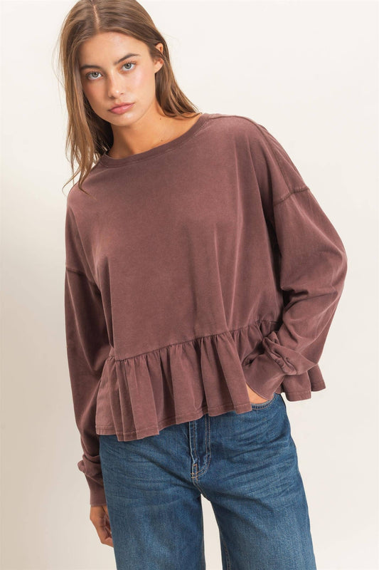 Peplum Long Sleeve Top: DARK BROWN